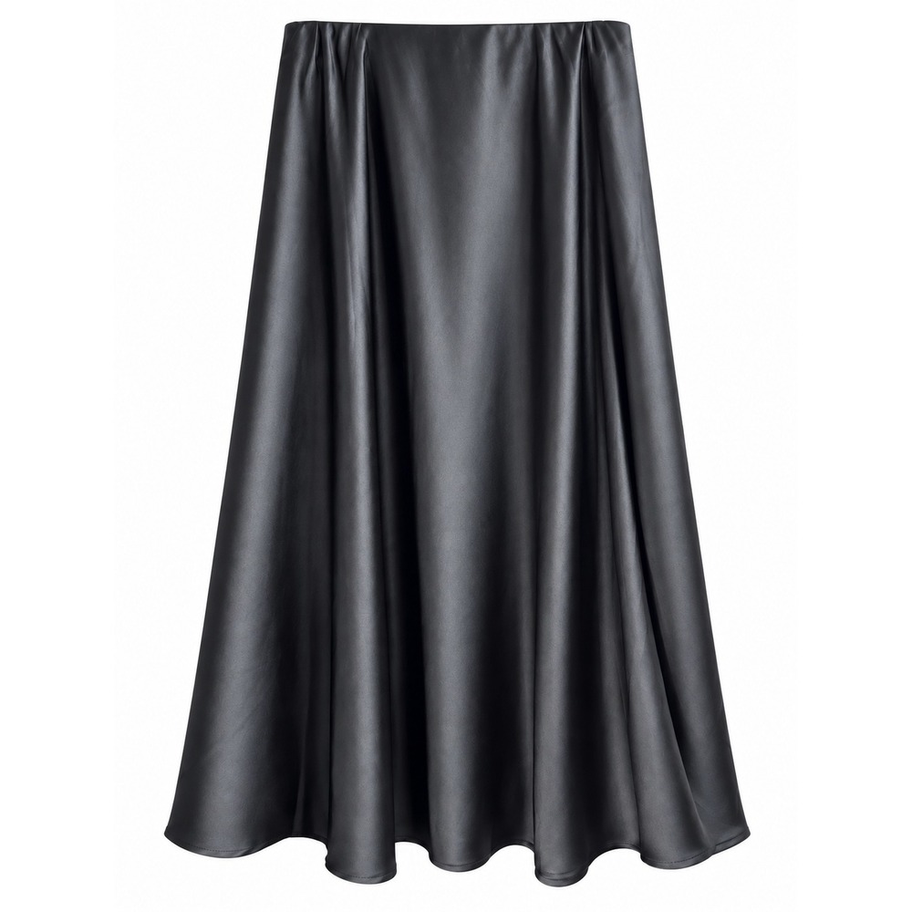Black Satin Midi Skirt Women's L A-Line Flowy Elastic Waist